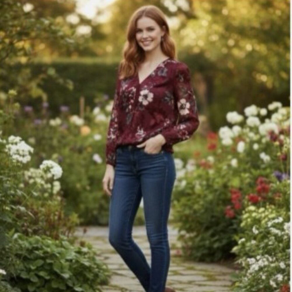 White House Black Market Blouse Women 16 Burgundy Faux Wrap Chiffon Long Sleeve